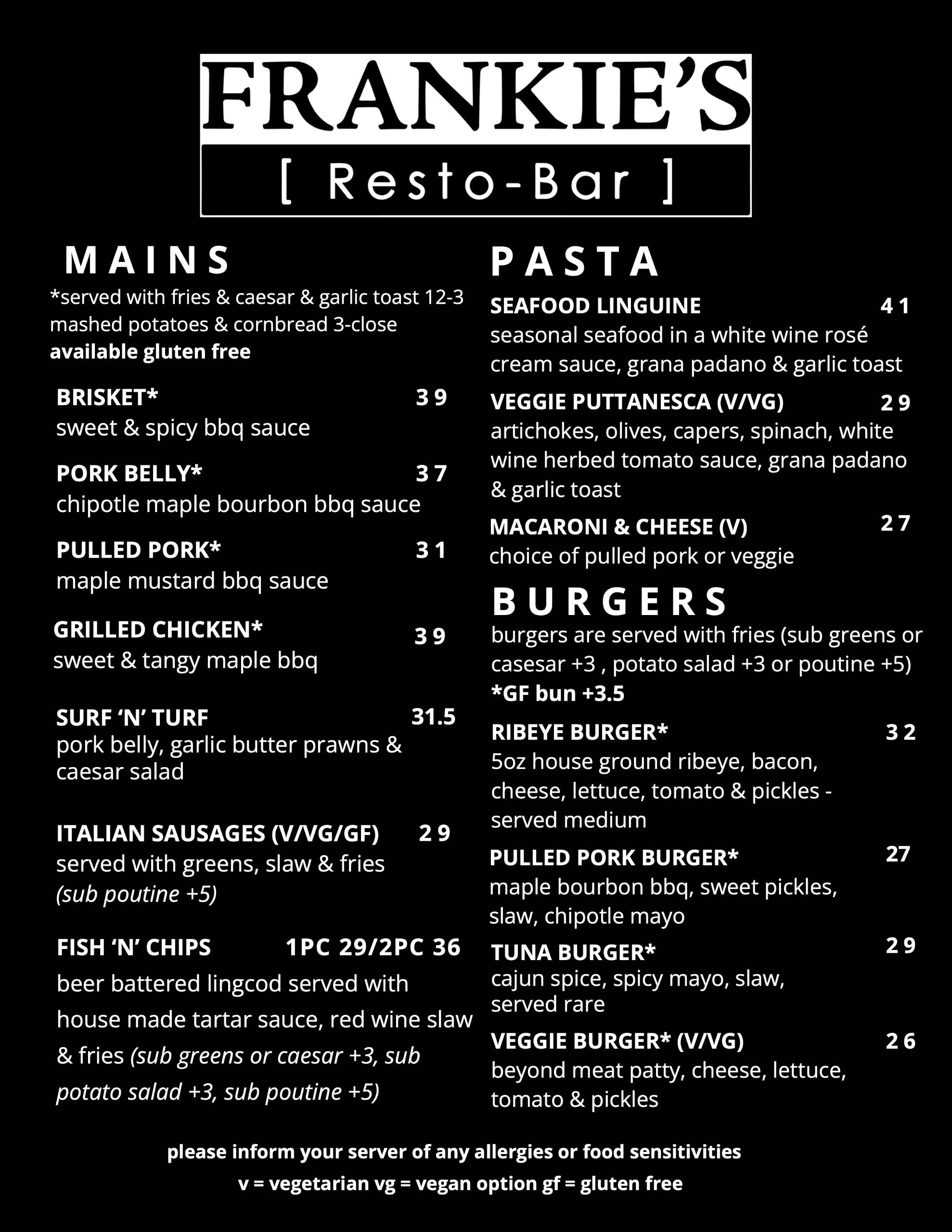 Frankie's Resto-Bar Food Menu